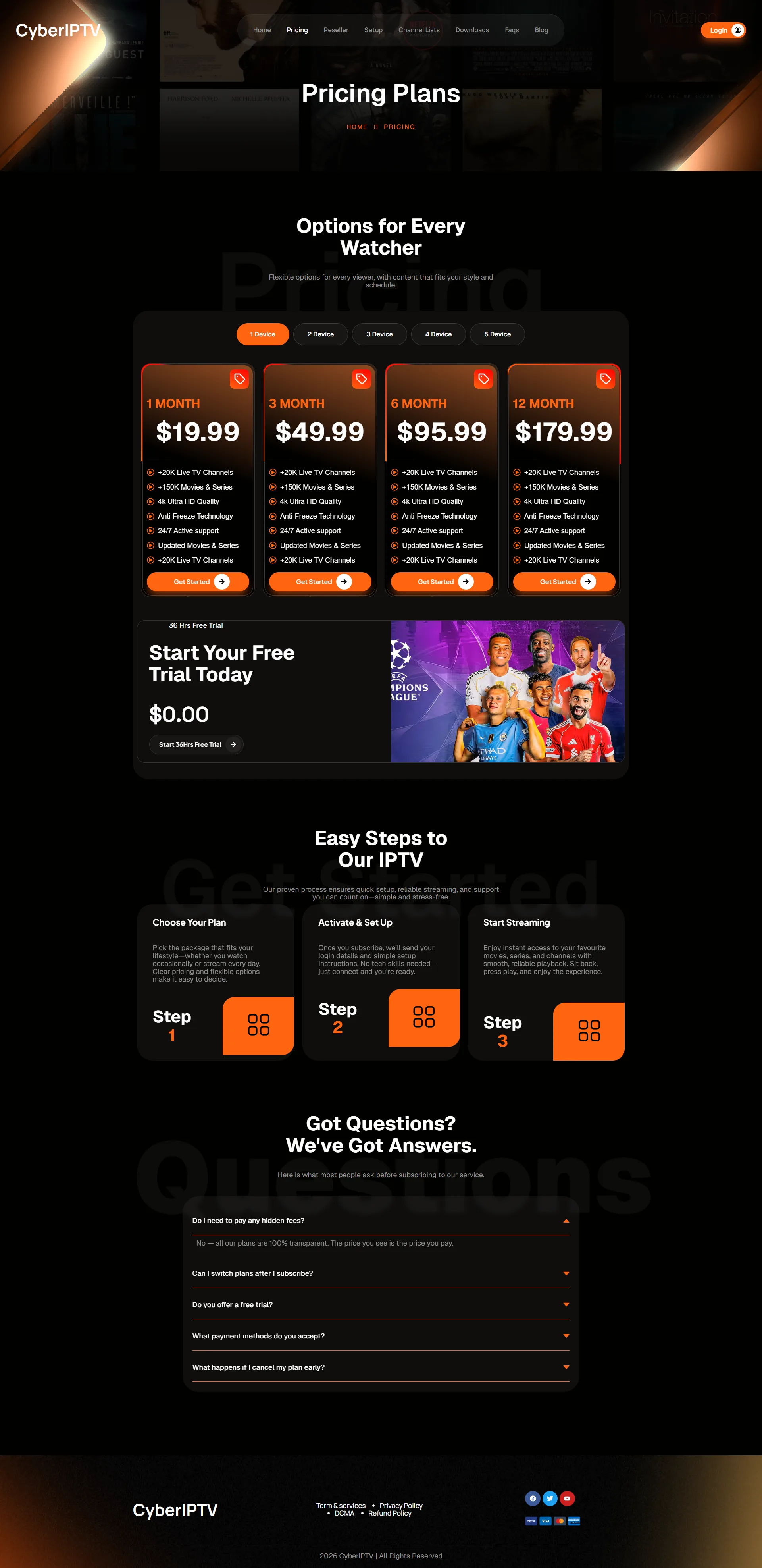 Pricing — OrangeFlare IPTV WordPress Theme