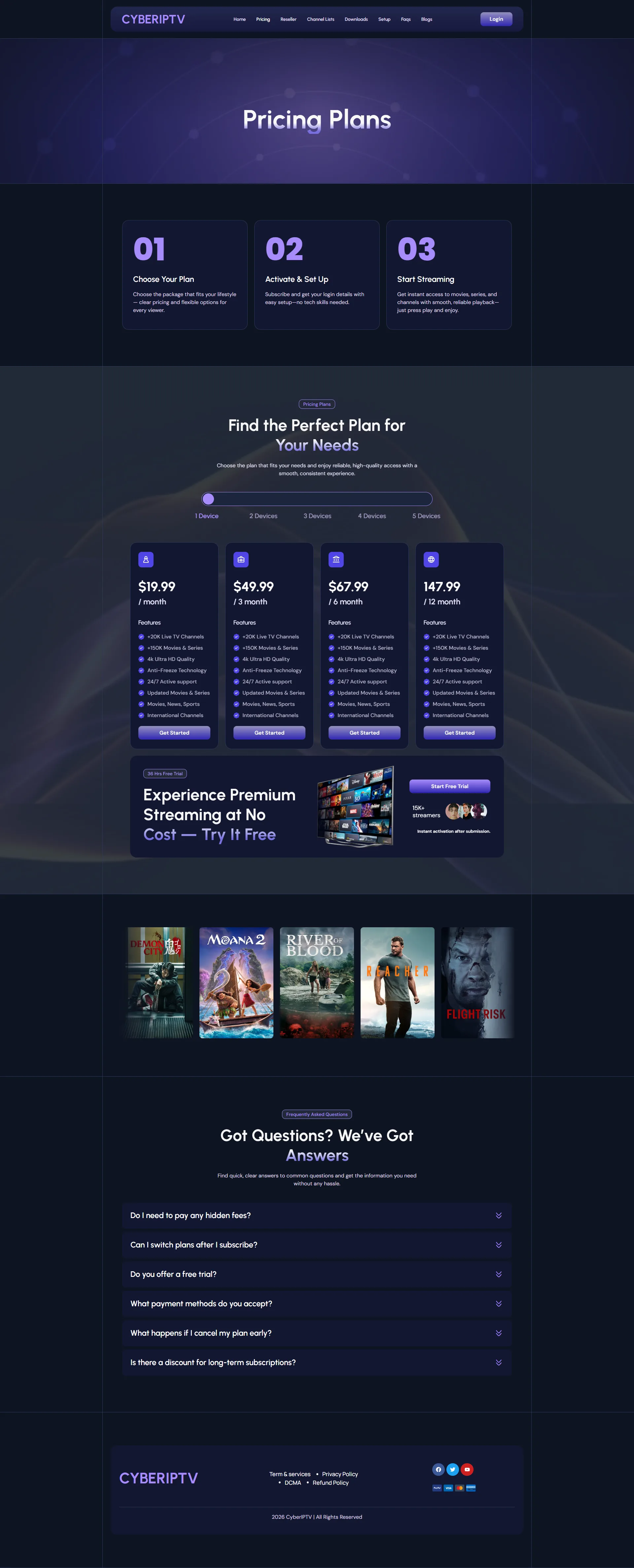 Pricing — NeonIndigo IPTV WordPress Theme